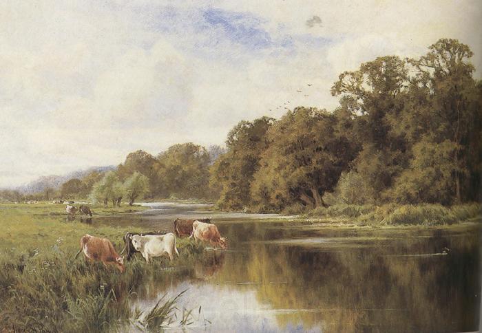 Henry h.parker Cattle watering on a Riverbank (mk37) Norge oil painting art